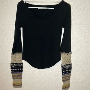 FP Movement by Free People Black Long Sleeve Top with Patterned Sleeves